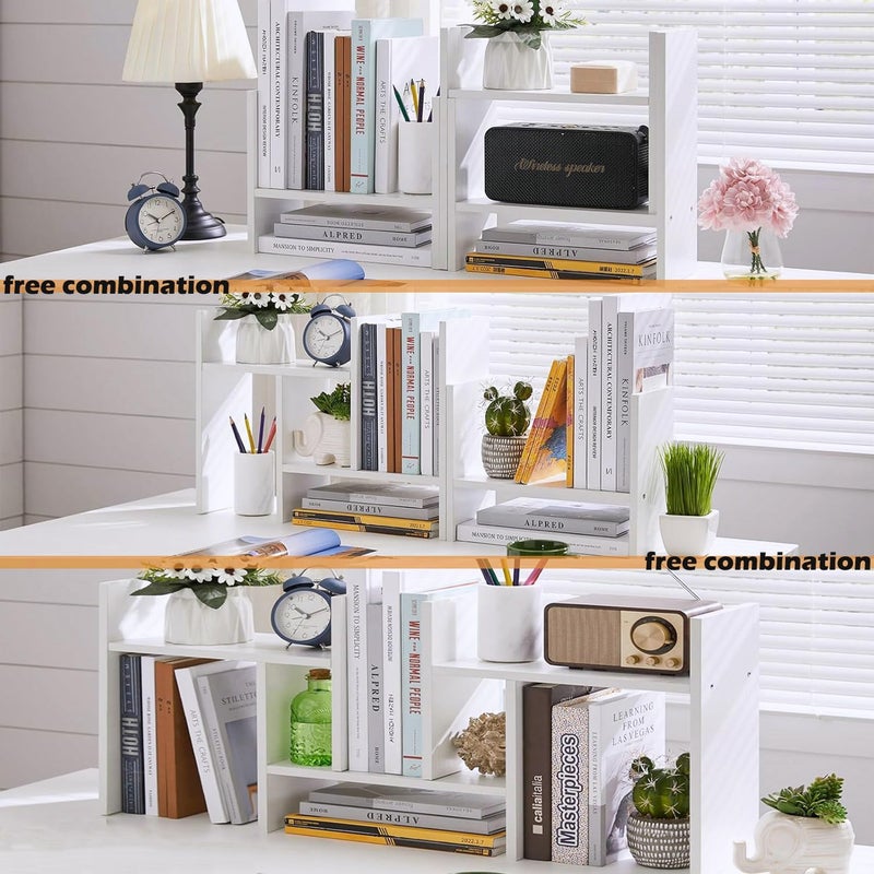 Meikuler Desktop Shelf Organizer, Adjustable Wood Display Desk Shelf, Office Storage Rack Tabletop Bookshelf Multipurpose Shelves for Home Decor, Office, Gifts (Solid White) - Image 4